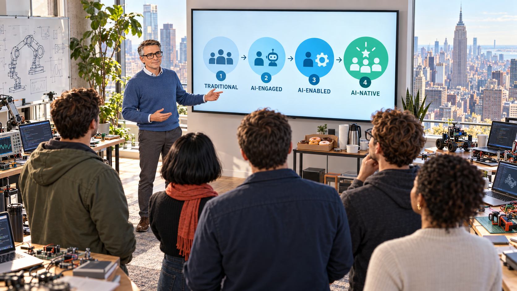 A systems engineering workshop overlooking New York City, where a presenter guides a team through the progression from traditional to AI-native delivery.