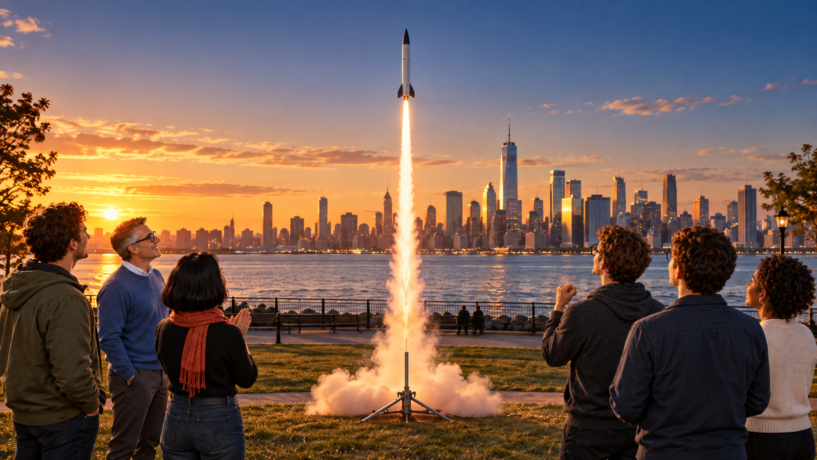 The Feature Factory team watches a prototype rocket launch from Liberty Park at sunset, with Lower Manhattan across the river.