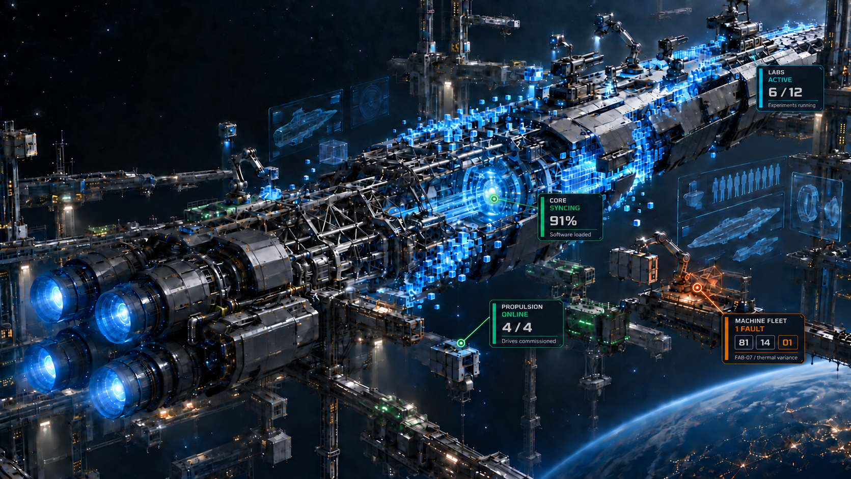 A vast spacecraft being assembled in an orbital shipyard, with subtle embedded status callouts for propulsion, labs, core software, and the machine fleet.